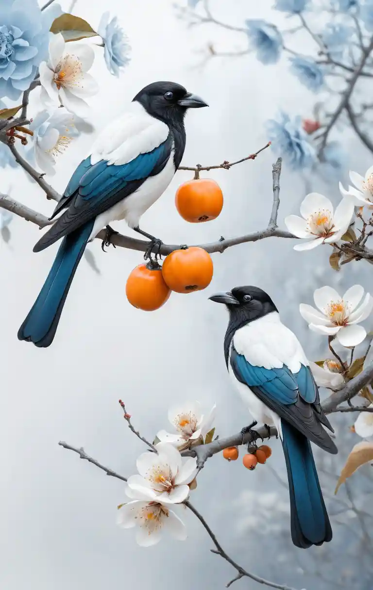 Magpie Resting On A Branch With Ripe Persimmons