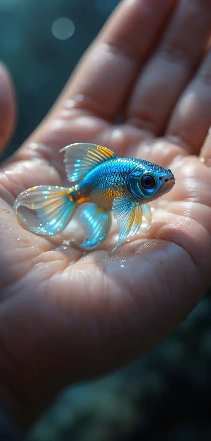 Tiny blue and gold fish resting in a human hand