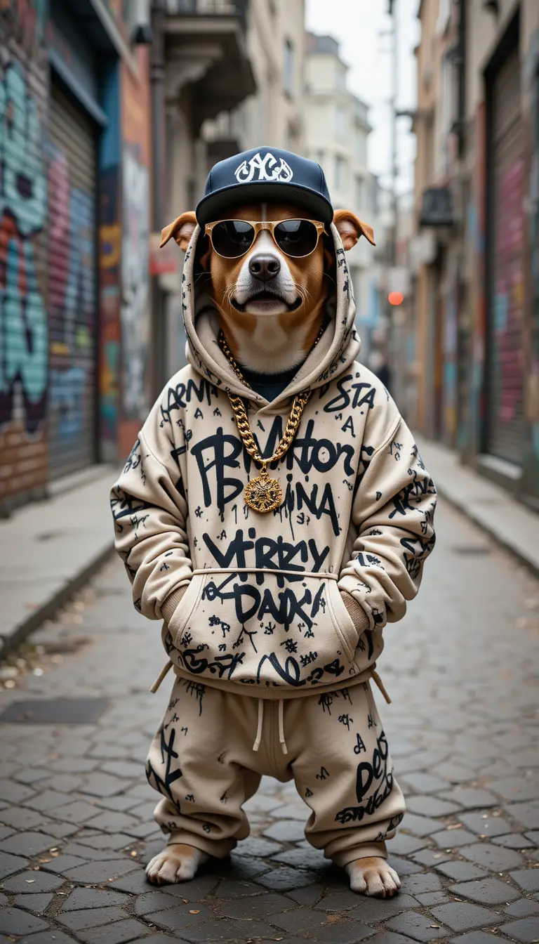 Hip hop street dog in baggy hoodie and gold chain