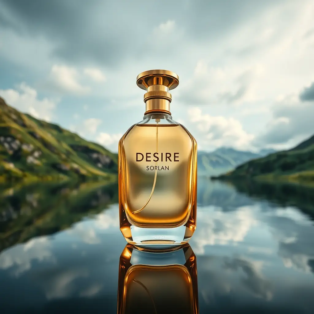 Luxury perfume bottle over tranquil mountain lake