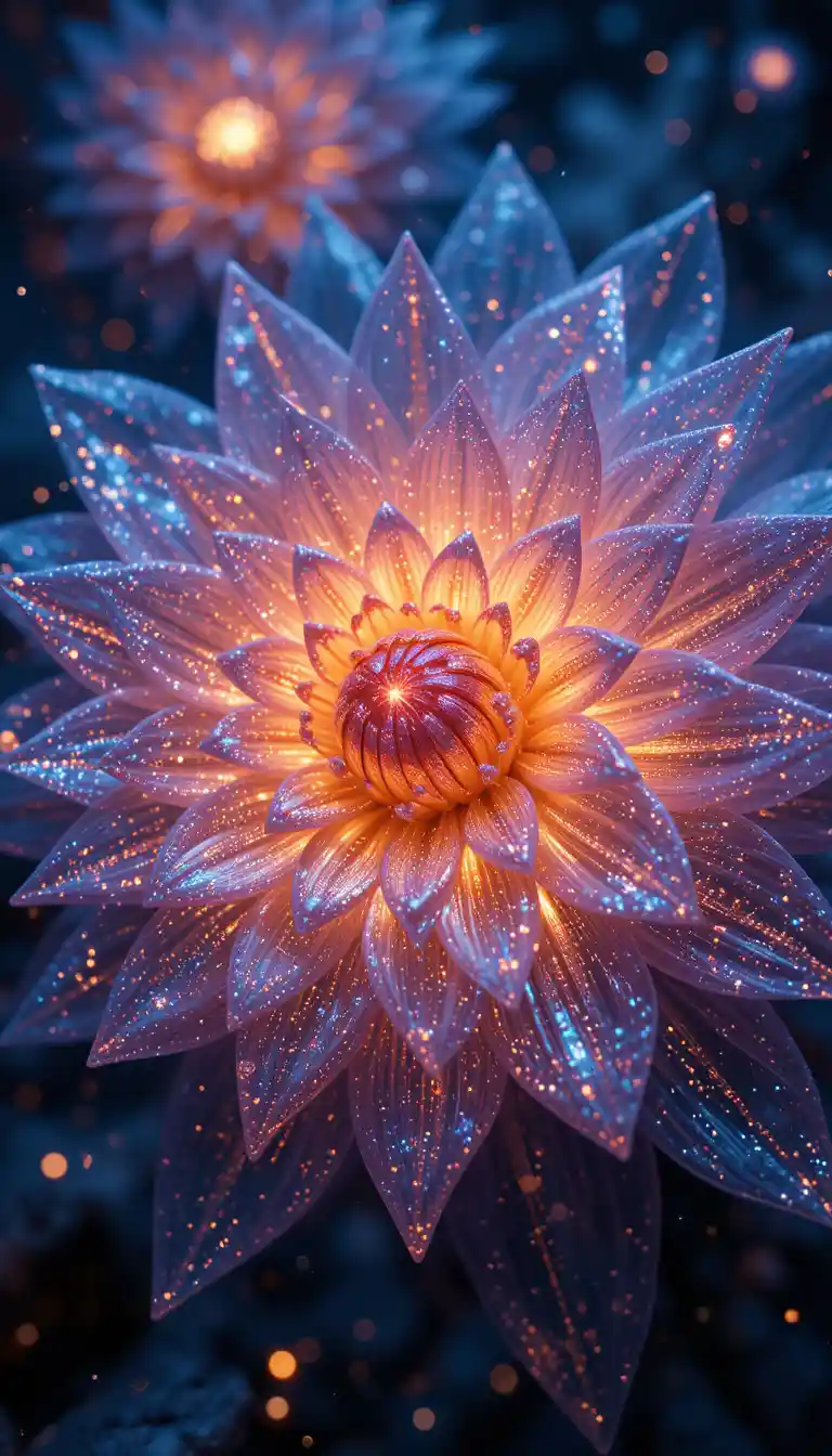 Dahlia géométrique lumineux de paillettes scintillantes dans un espace fantastique