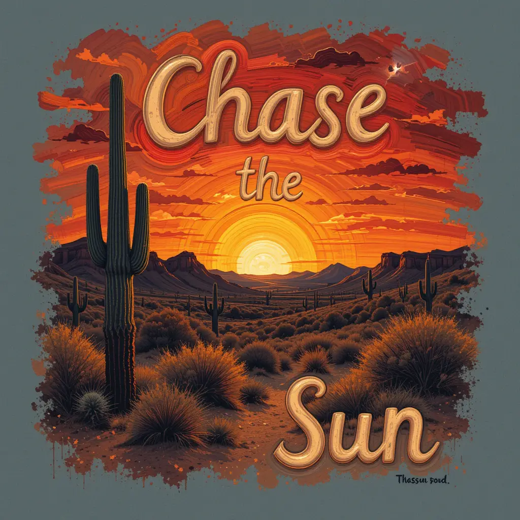 Gouache sunset desert with bold cactus and hand lettering