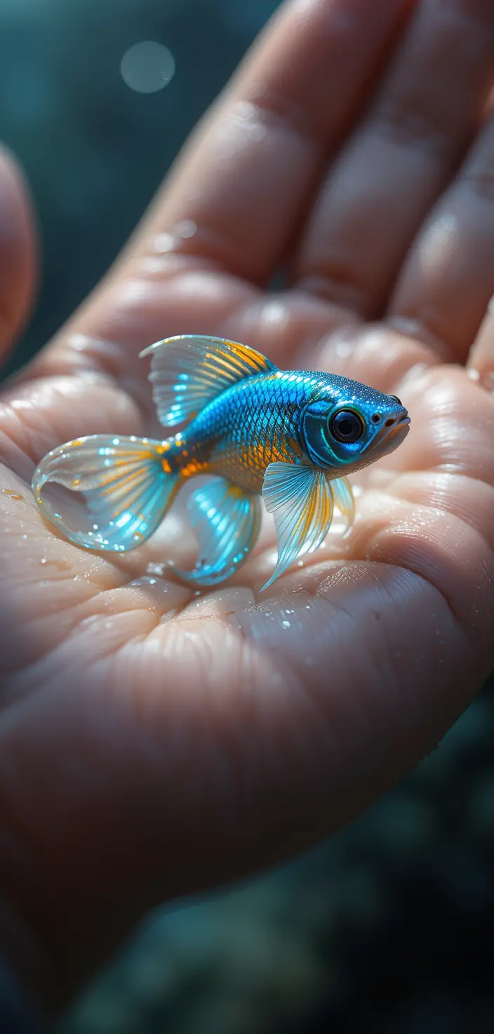 Tiny blue and gold fish resting in a human hand