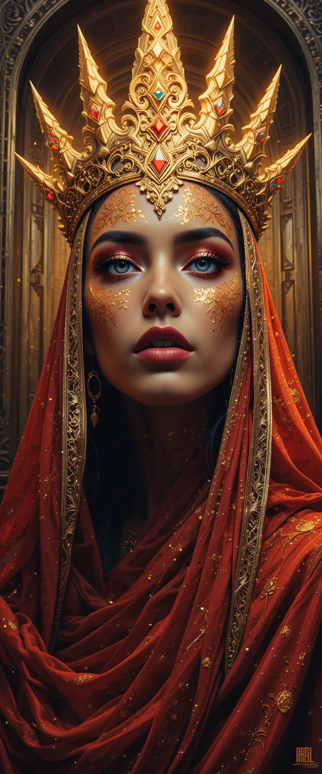 Veiled crowned woman before ornate arabian marble door