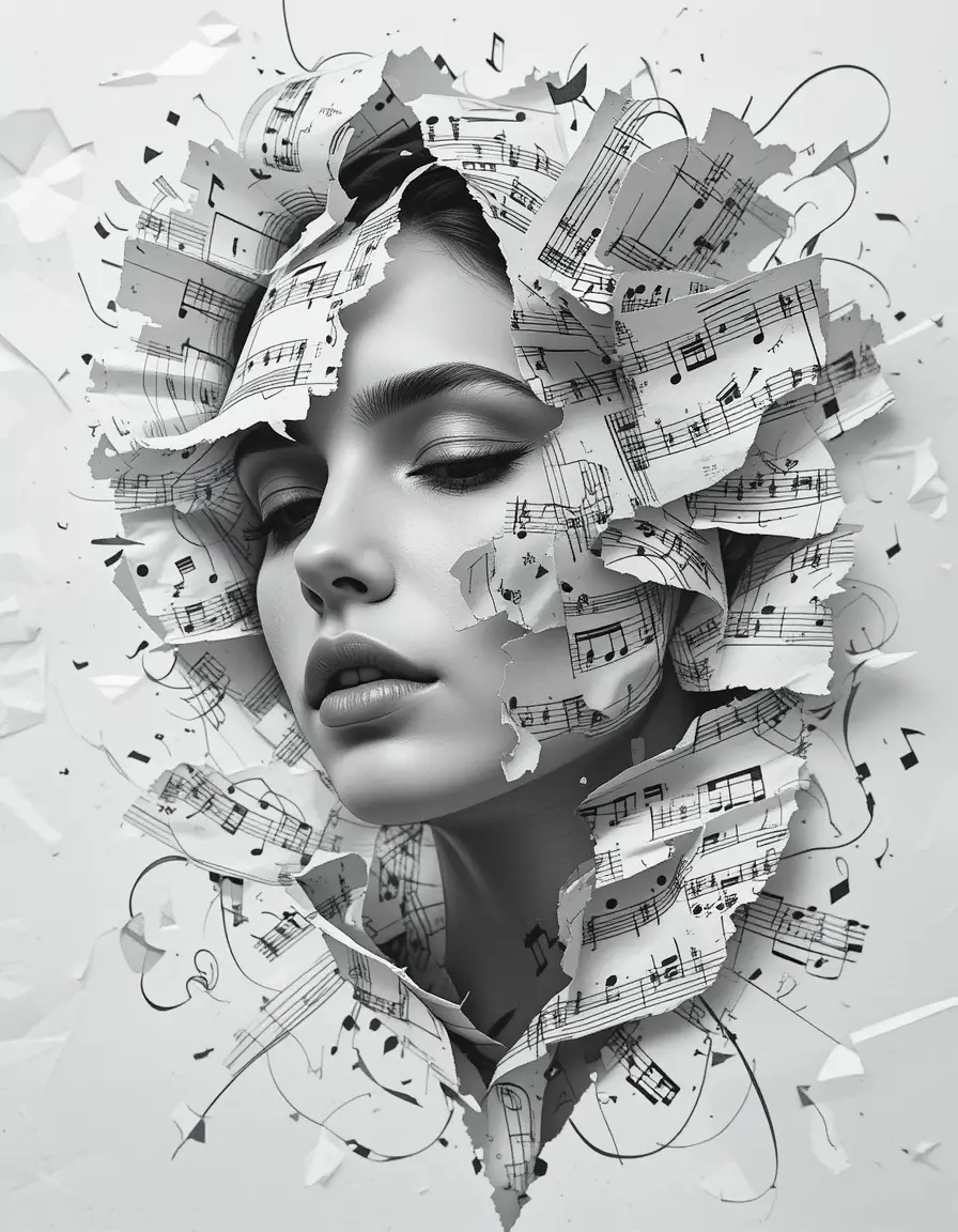 Surreal woman portrait fused with floating musical notes