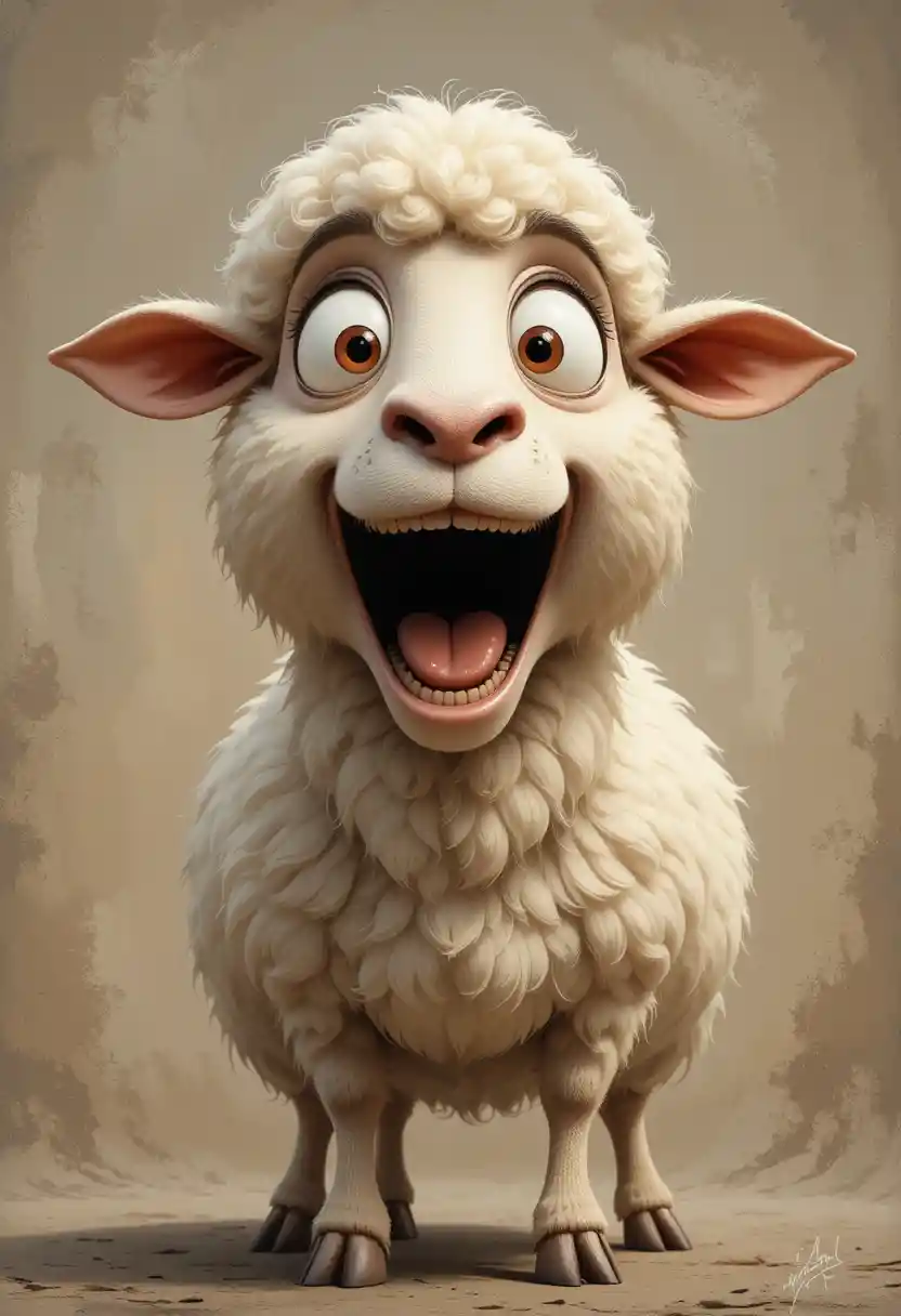 Cartoon sheep with dramatic surprised expression close up