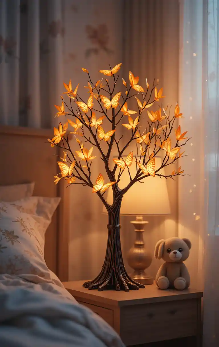 Cozy bedroom lamp with glowing butterfly tree design