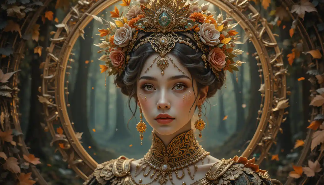 Ethereal autumn goddess portrait with golden floral crown