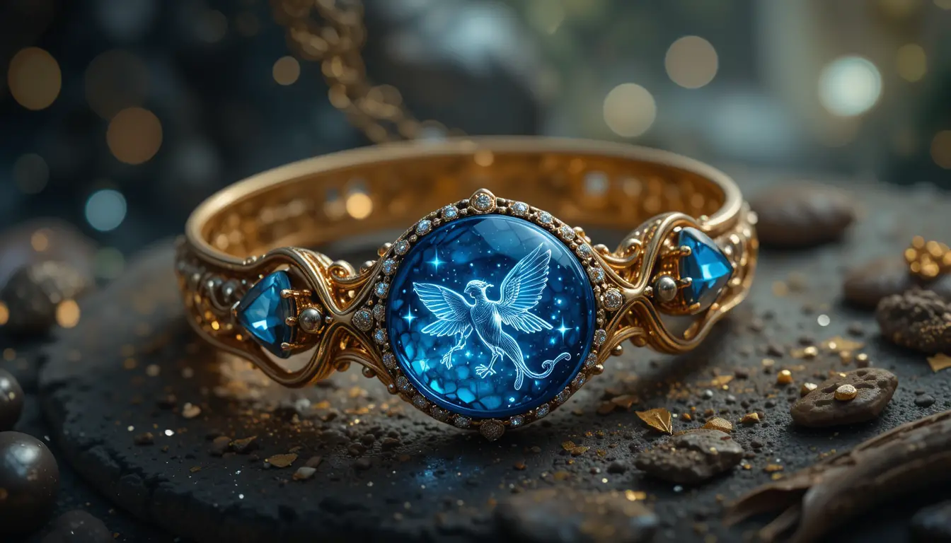 Magical blue fantasy necklace in golden jewelry box