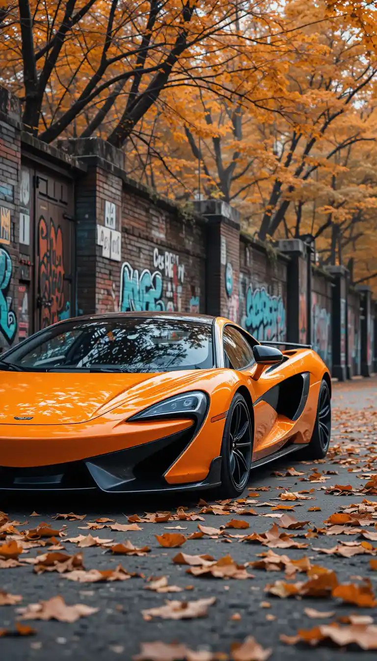 Voiture de sport orange à côté d’un mur de briques avec street art