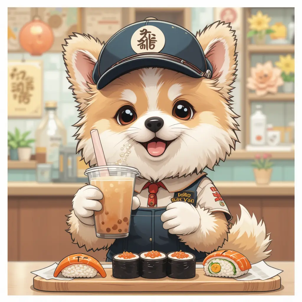 Cute fluffy dog in fast food uniform with bubble tea