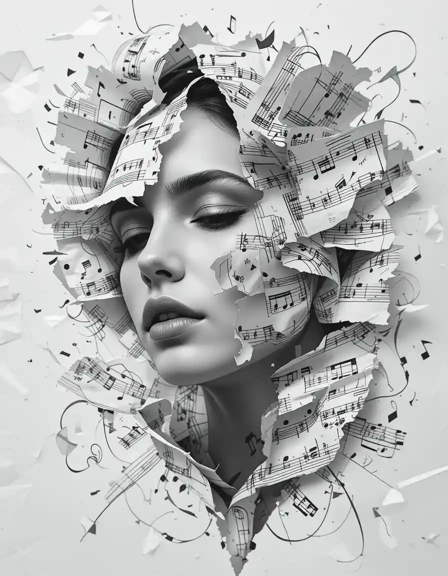 Surreal woman portrait fused with floating musical notes