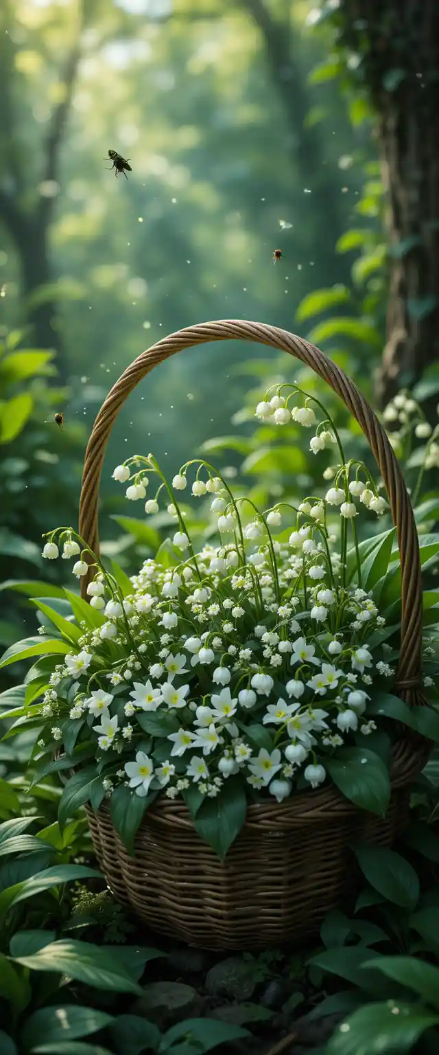 Basket Of Lily Of The Valley In Lush Green Garden