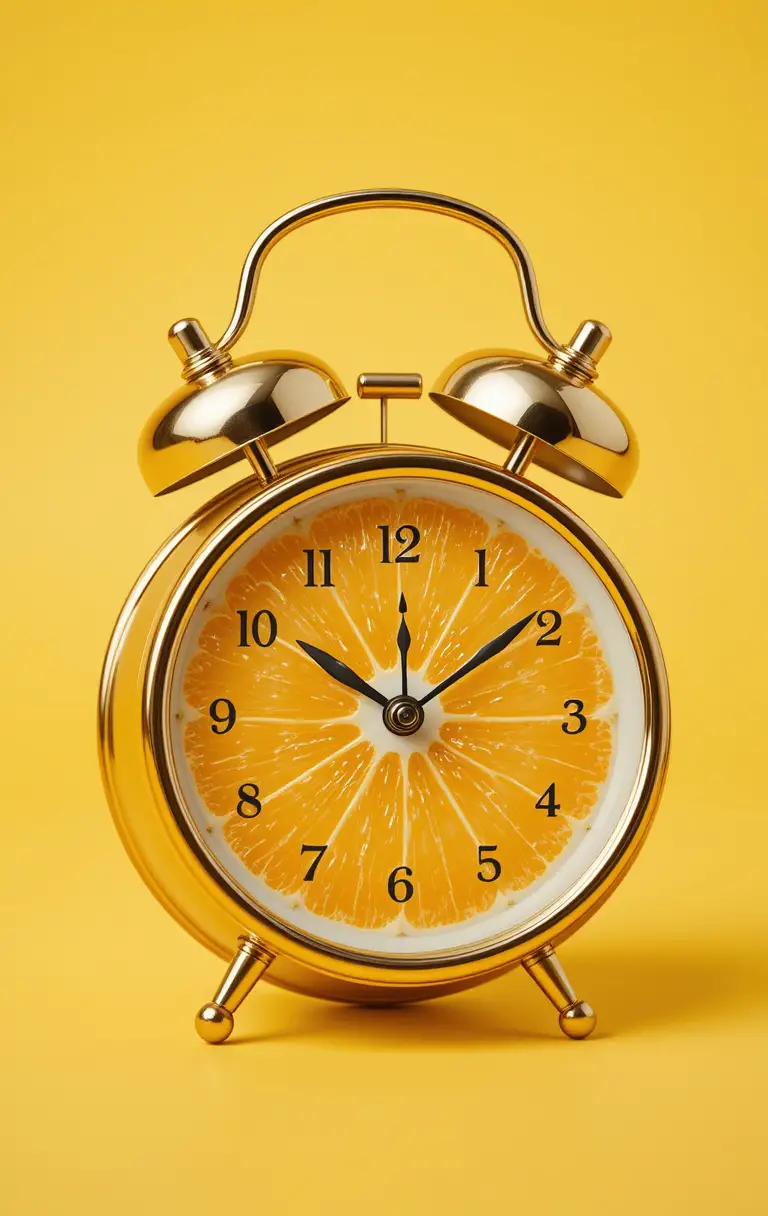 Golden alarm clock with citrus slice face on yellow background