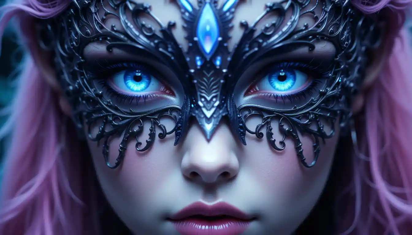 Fantasy woman in ornate butterfly mask close up portrait