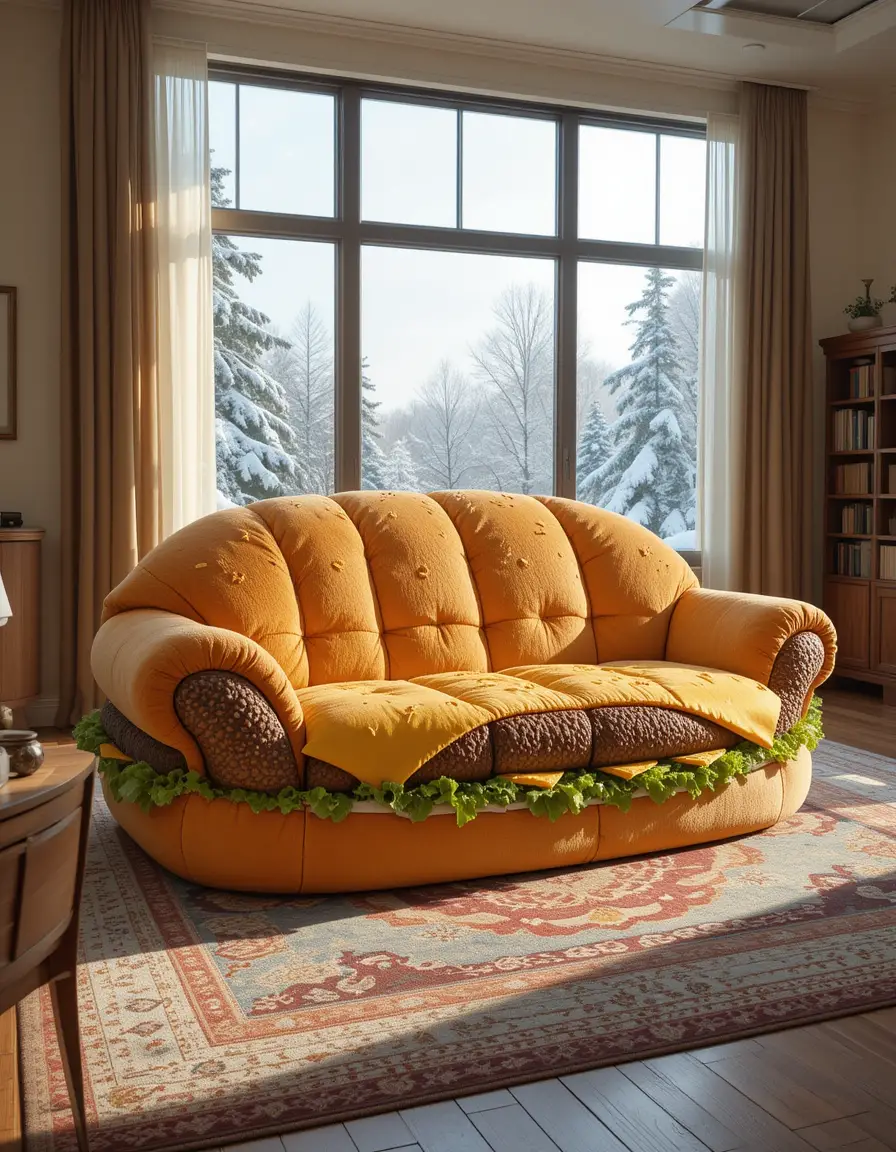 Whimsical Hamburger Sofa In A Cozy Modern Living Room