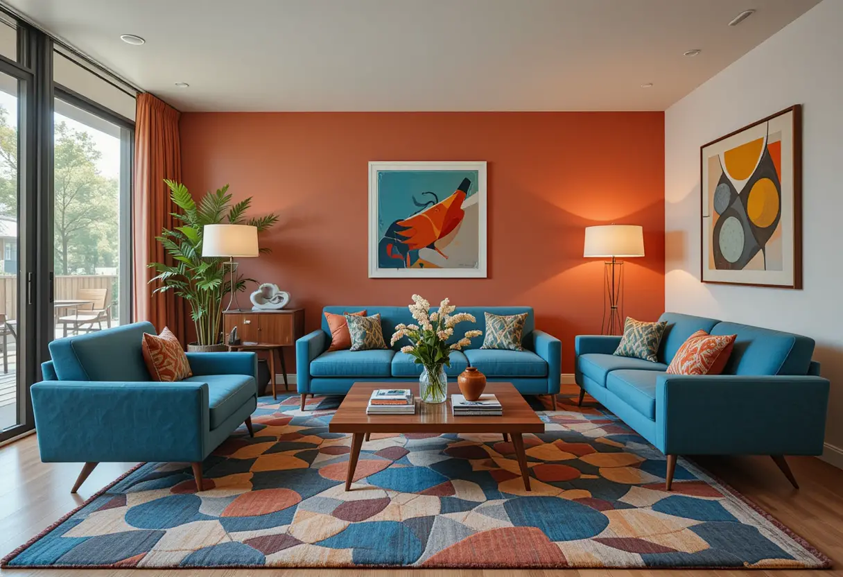 Colorful mid century modern living room interior illustration