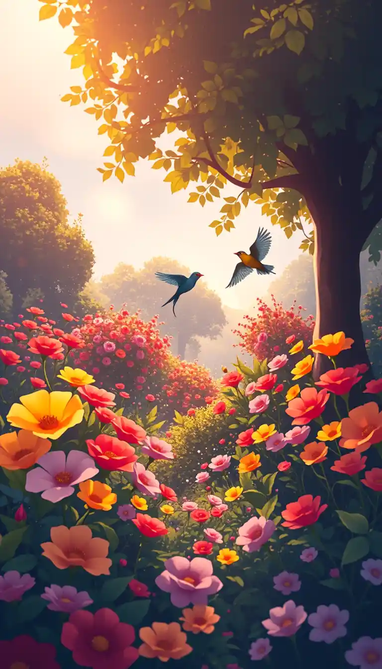 Sunny flower garden with butterflies and birds in flight
