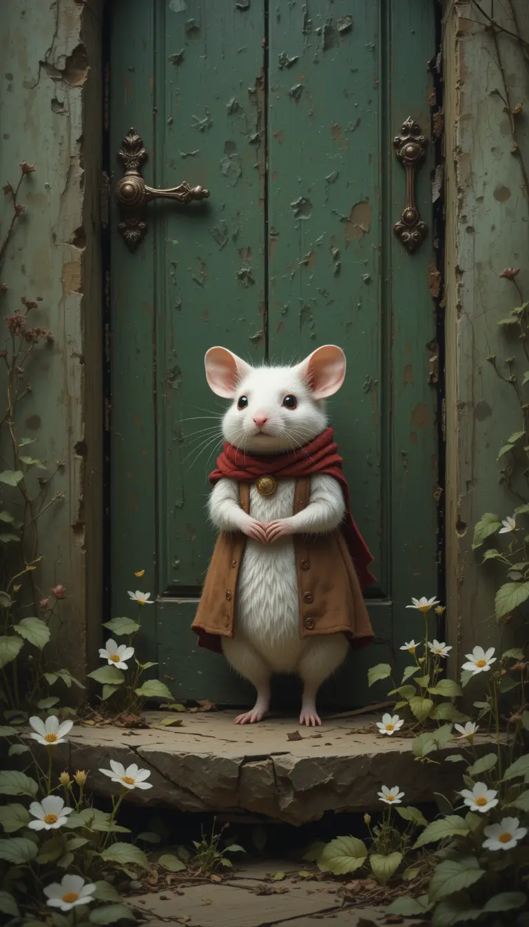 White mouse in red scarf at an old green door