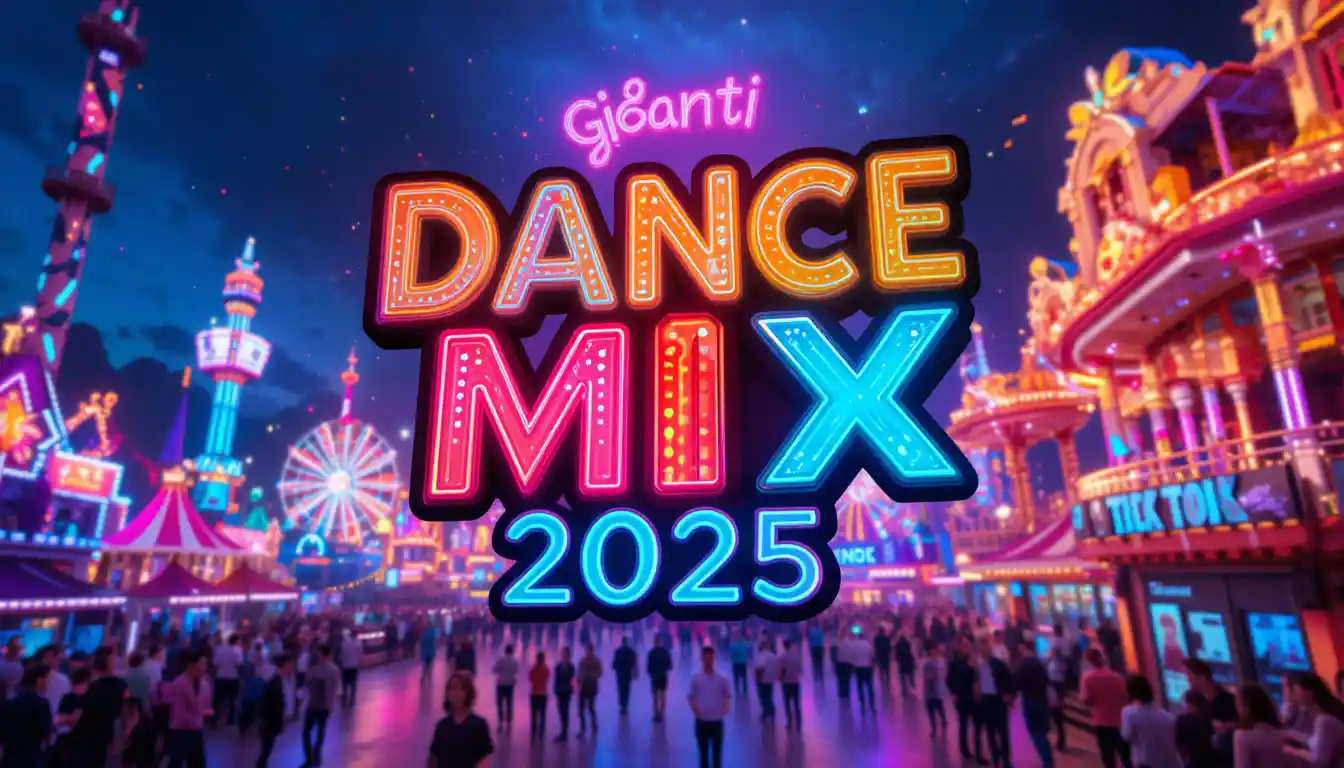 Logo colorido de mix e mashup de dança sobre parque de diversões neon