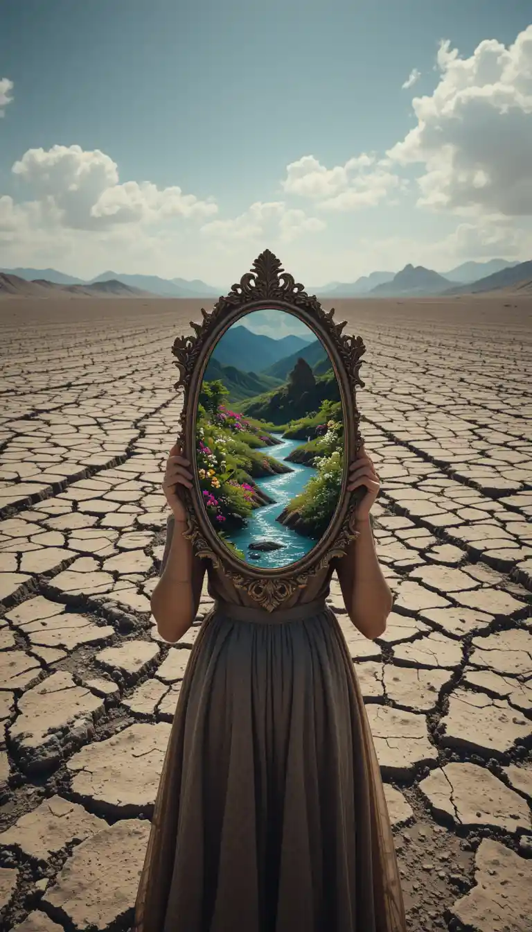 Lone figure holding mirror over cracked barren earth