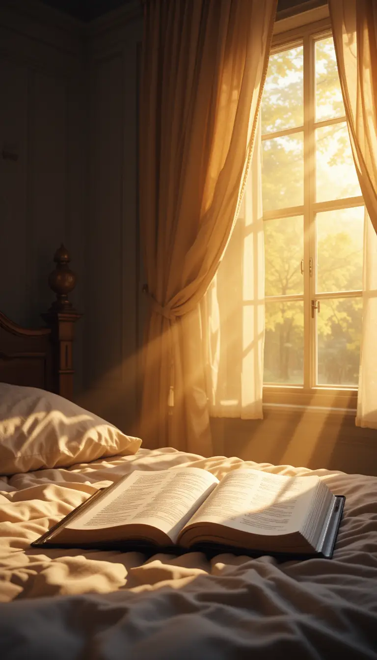 Morning sunlight on an open book in a quiet bedroom