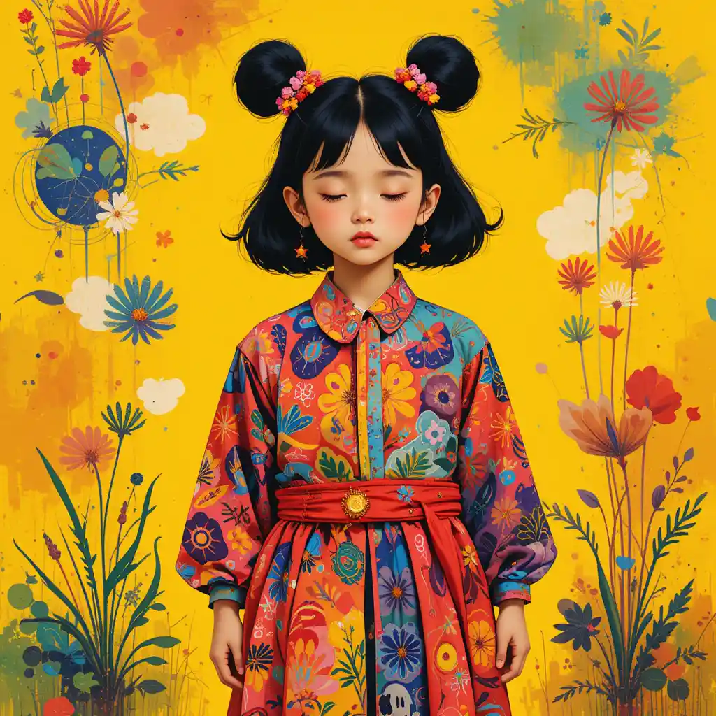 Whimsical child illustration in colorful patterned outfit
