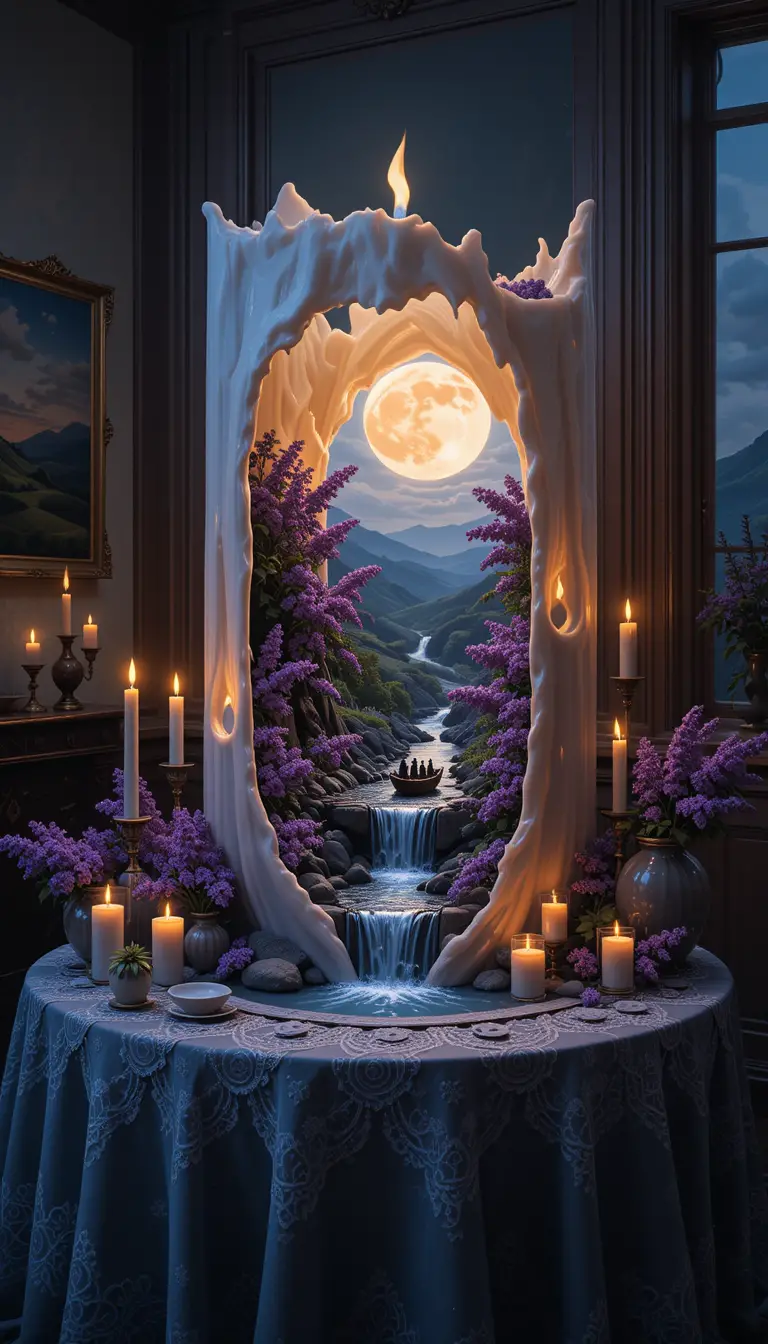 Magical candlelit diorama with moonlit river and lilacs