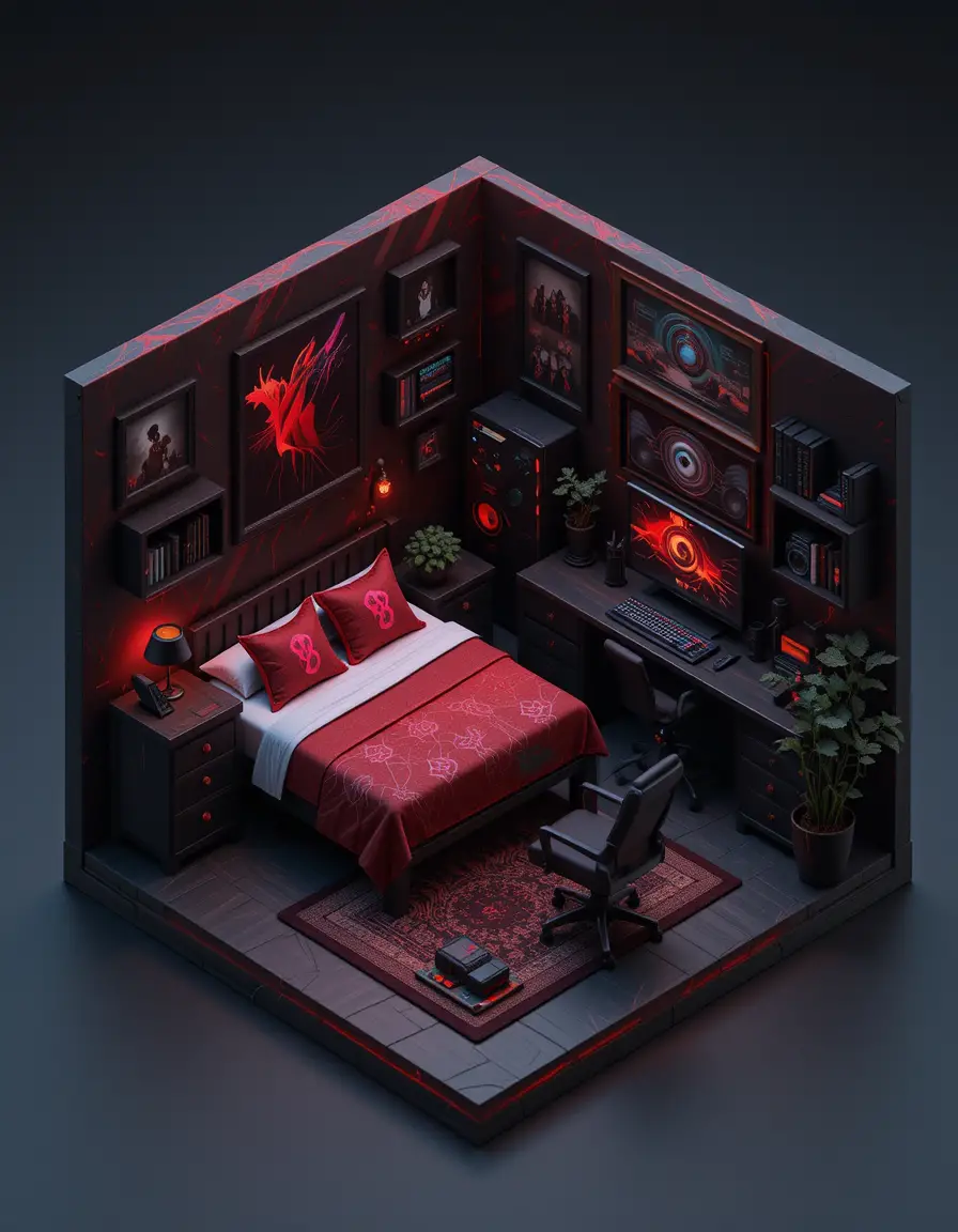 Isometric gaming bedroom with computer desk and bed