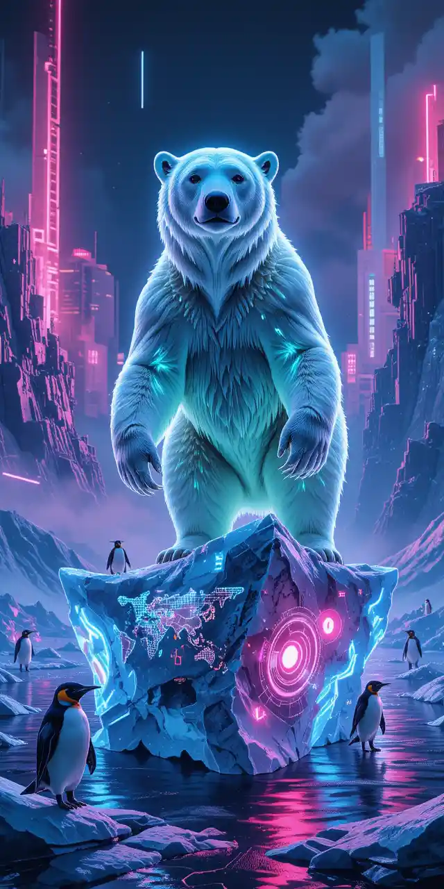 Cyberpunk Polar Bear On Holographic Iceberg At Night