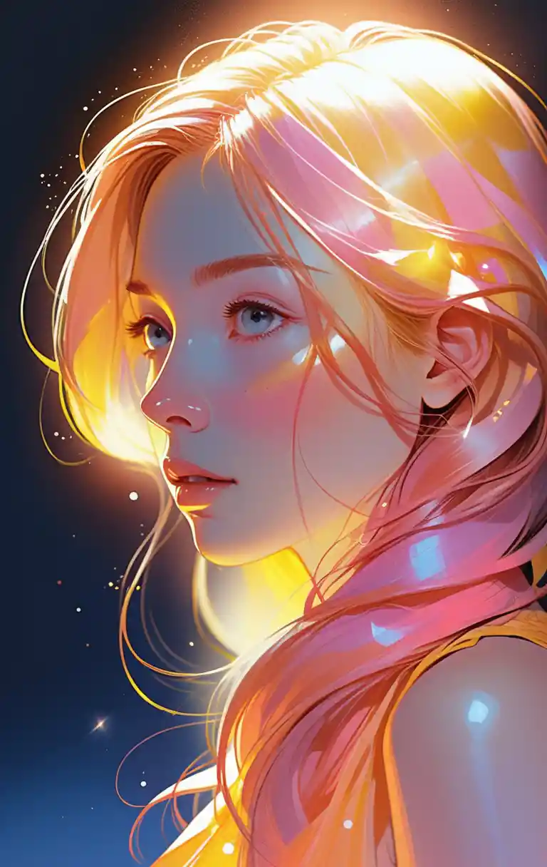 Young woman with glowing pink hair in luminous profile