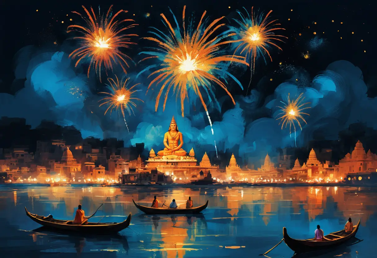 Fireworks Over The Ganga River In Vibrant Night Sky