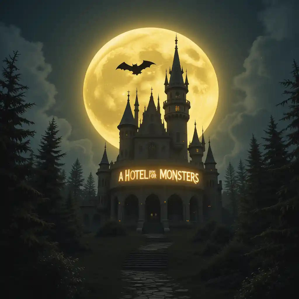 Fantasy castle hotel in a dark forest under burning moon