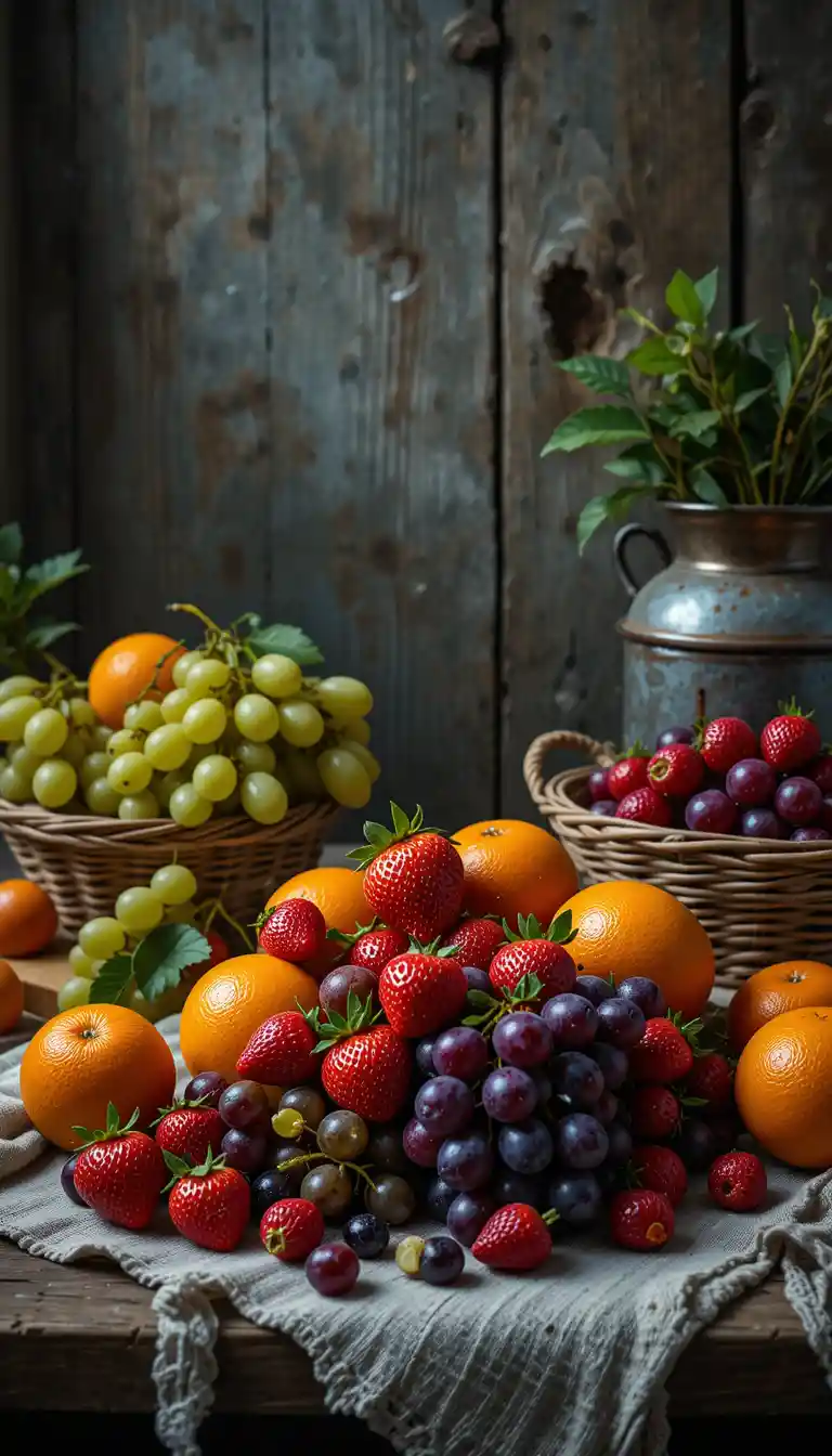 Cinematic rustic still life of fresh summer fruits