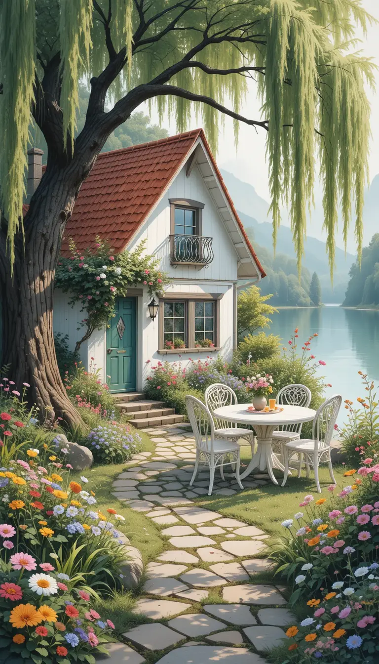 Watercolor cottage by a tranquil misty lakeside garden