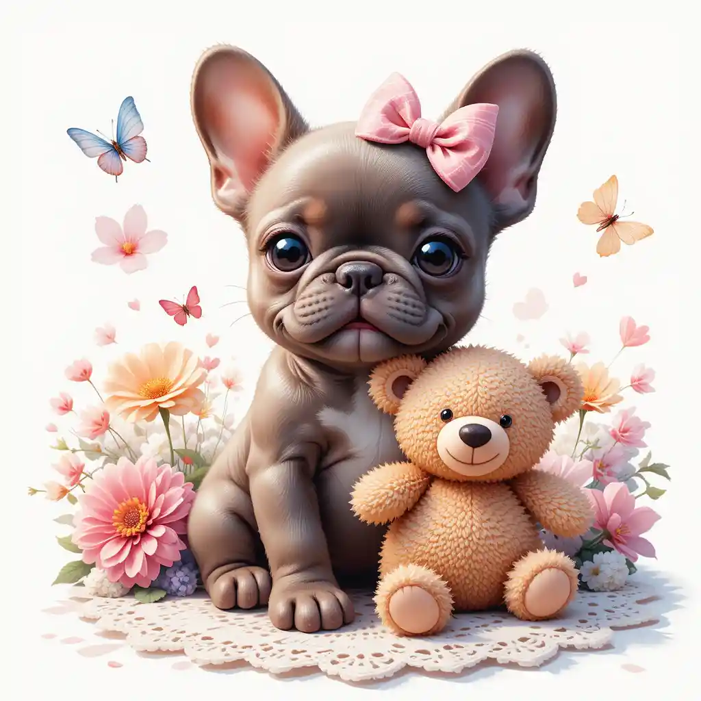 Cute french bulldog puppy with teddy bear and butterflies