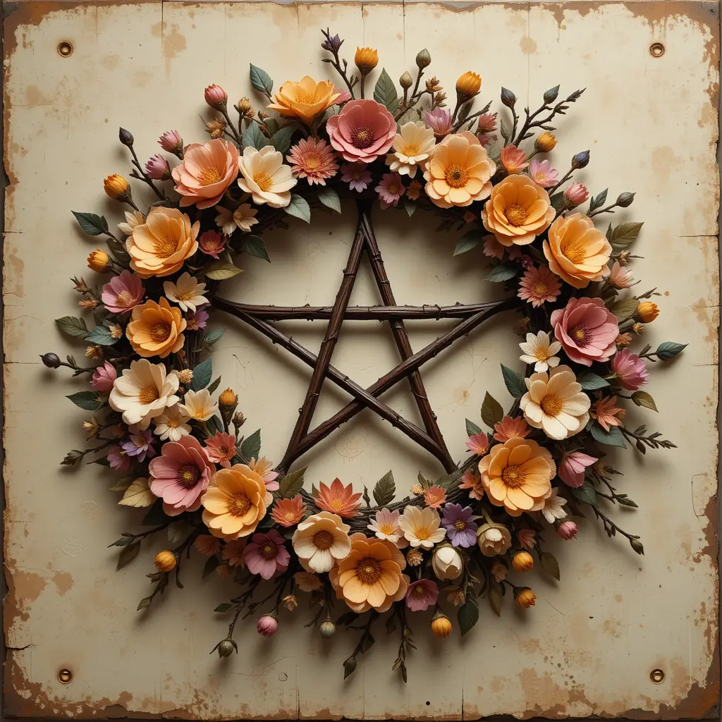 Spring flower wreath with pentacle on distressed grunge wall