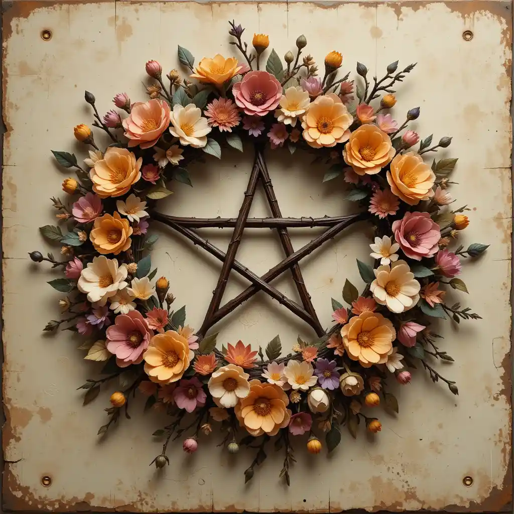 Spring flower wreath with pentacle on distressed grunge wall