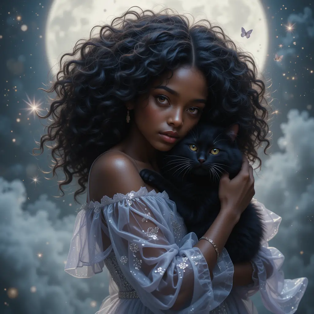 Fantasy girl hugging black cat in moonlit mist