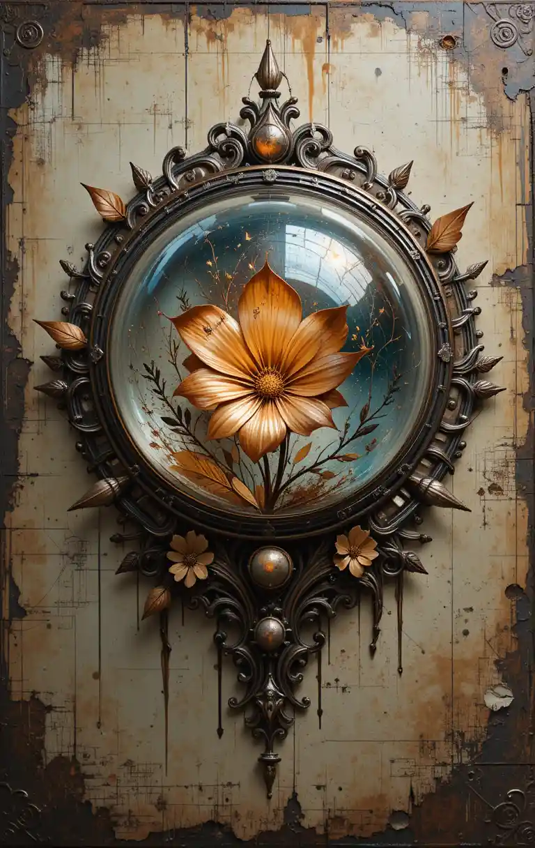 Industrial crystal ball art with floral and grunge details
