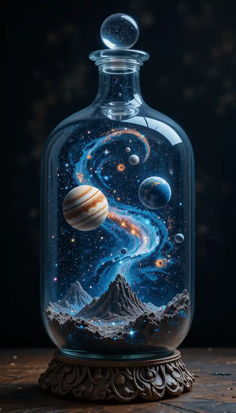Miniature cosmic universe sealed inside a glass bottle