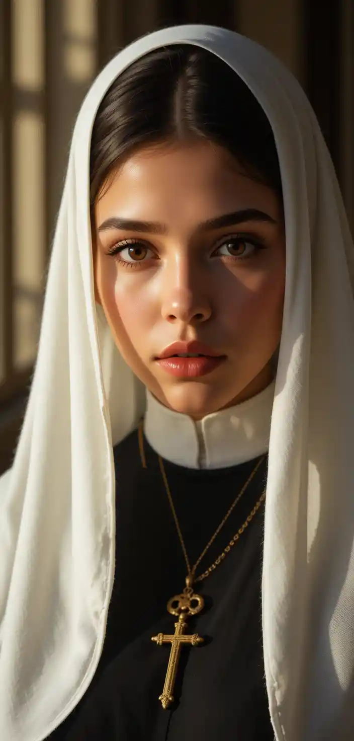 Nun portrait with golden brown eyes and cross necklace