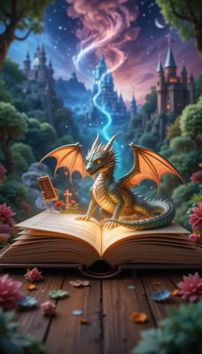 Enchanted dragon rising from an open storybook