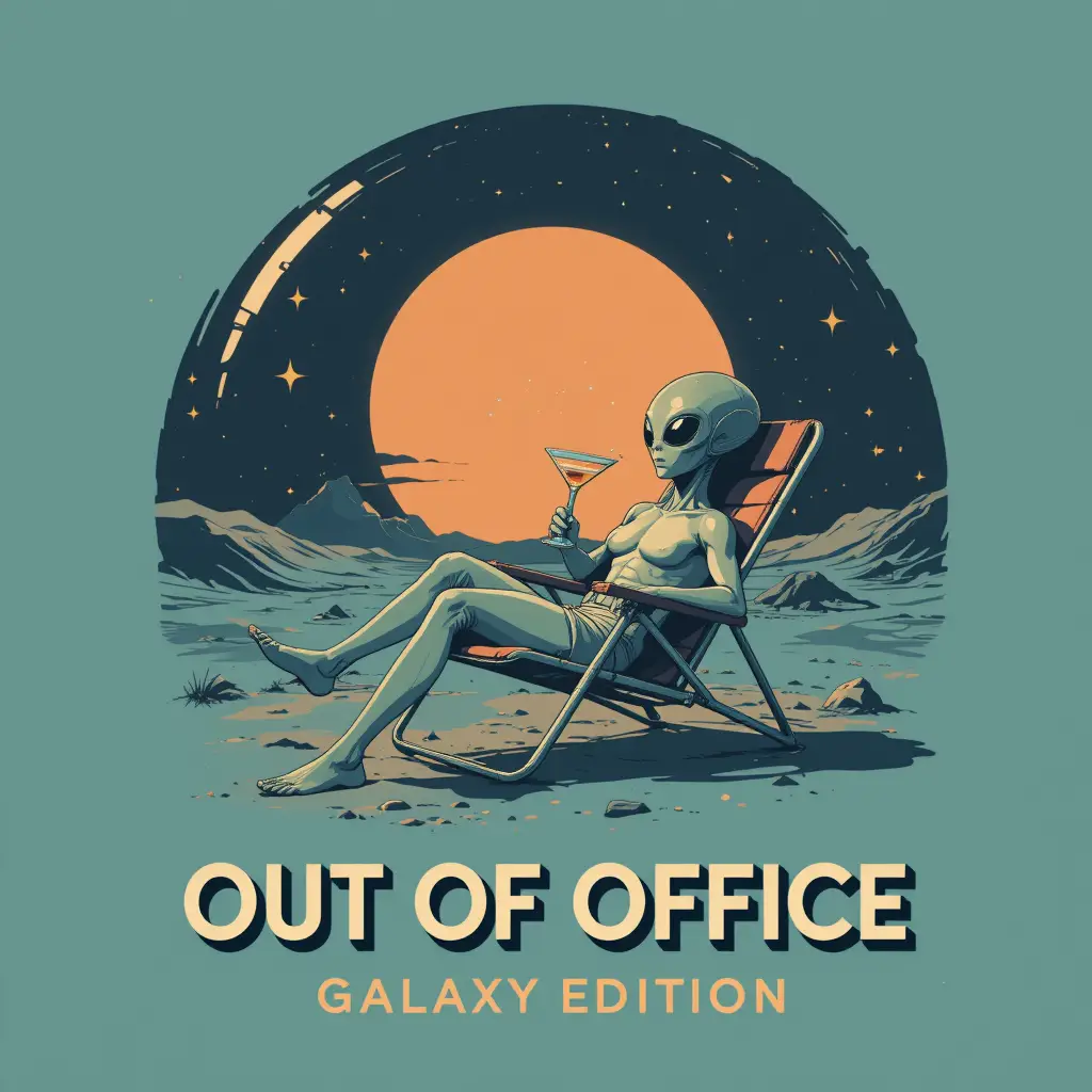 Retro alien relaxing on the moon with Earth behind