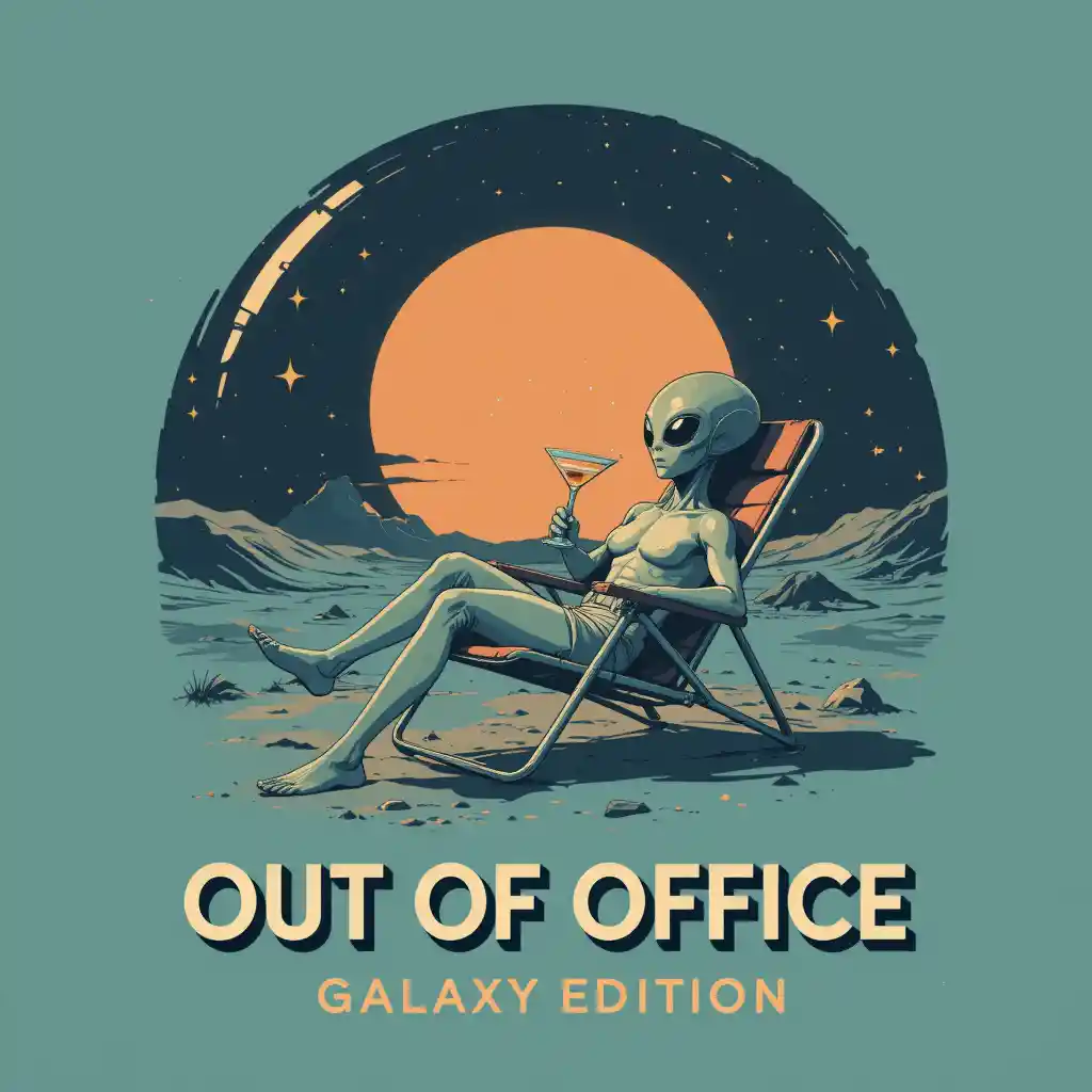 Retro alien relaxing on the moon with Earth behind