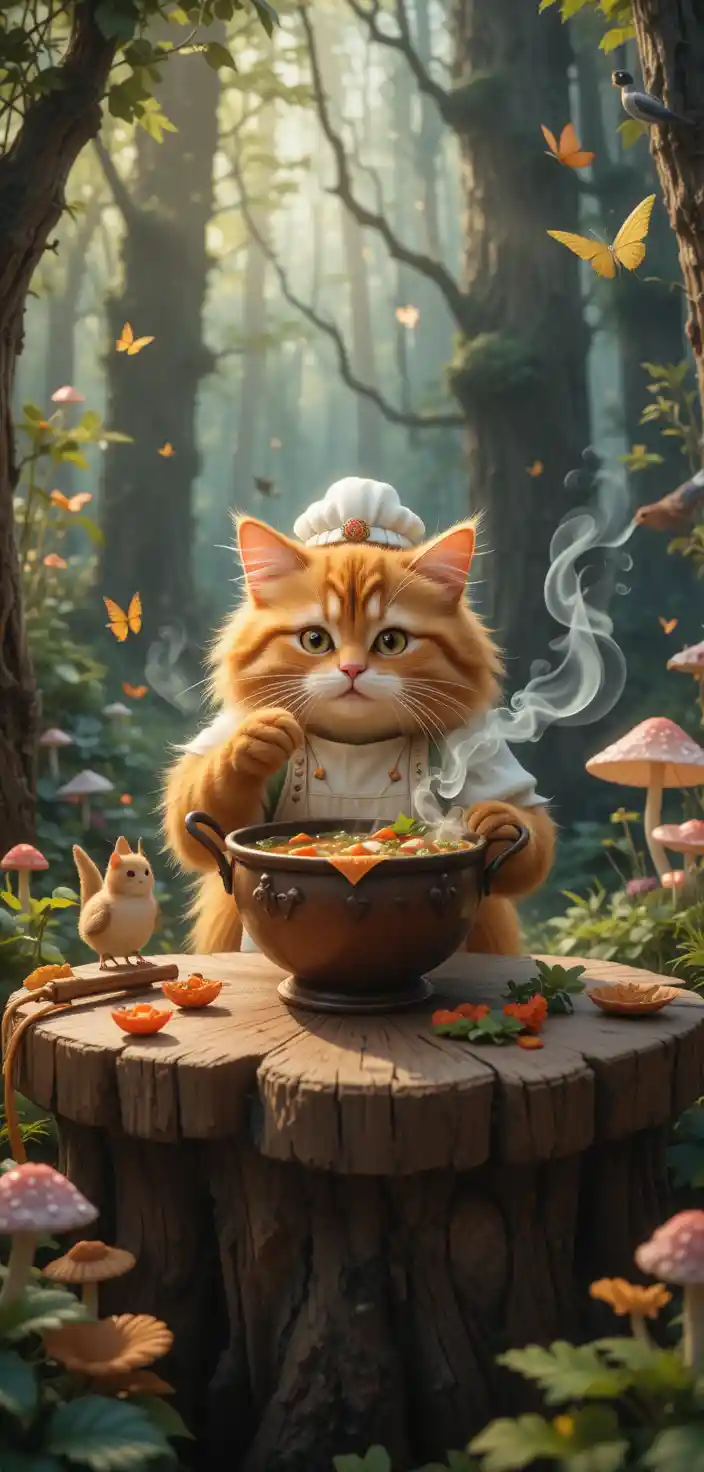 Cozy Cat Family Sharing Soup In Enchanted Forest