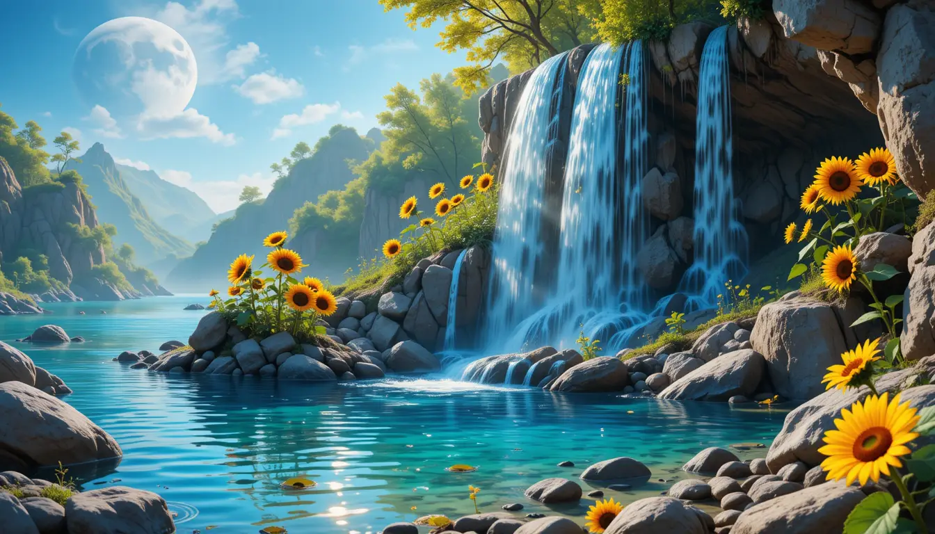 Toy style greek fantasy waterfall with sunflowers and stones
