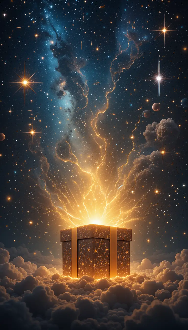 Glowing cosmic gift box opening in deep outer space