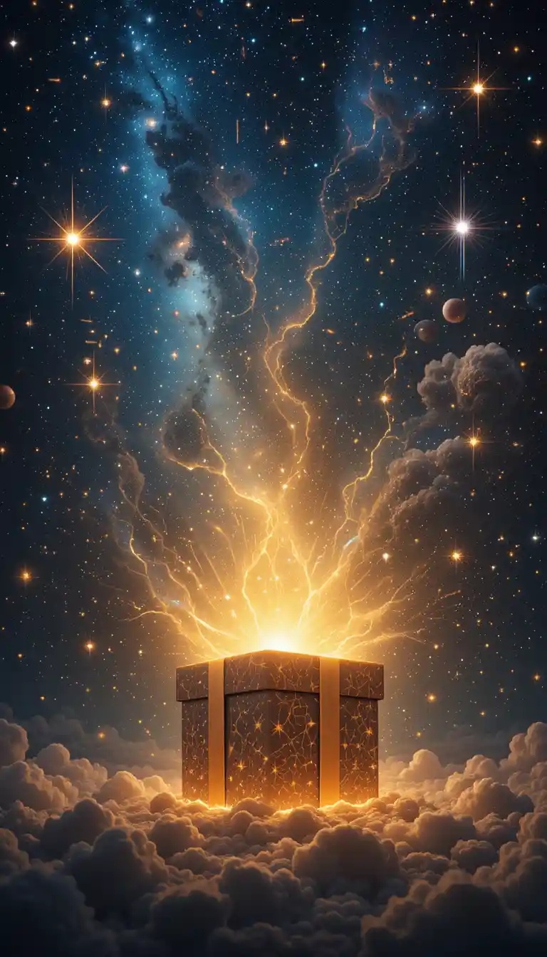 Glowing cosmic gift box opening in deep outer space