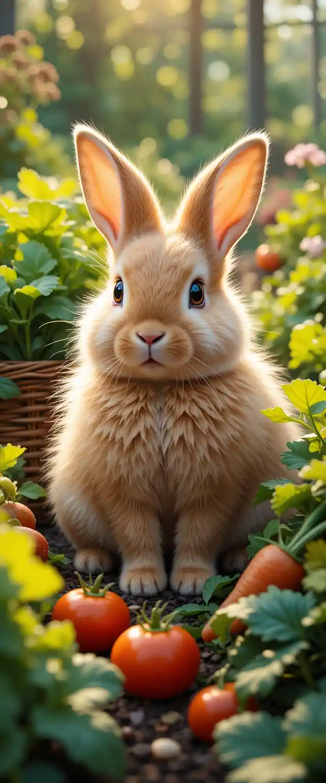 Cute light brown rabbit in a colorful vegetable garden